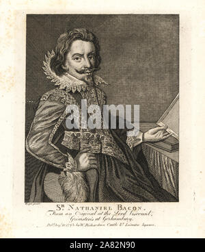 Sir Nathaniel Bacon (1585-1627), pittore inglese e proprietario terriero. Incisione su rame dopo un autoritratto di Bacon da William Richardson ritratti che illustra Granger biografico della storia dell'Inghilterra, London, 1792-1812. James Granger (1723-1776) era un ecclesiastico inglese, biografo e collezionista di stampa. Foto Stock