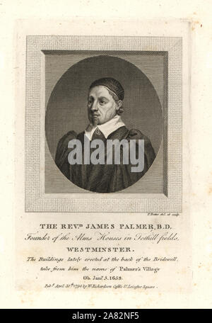 Il Reverendo James Palmer, fondatore della Alms Case in Tothill campi, Westminster. Morì 1659. Incisione su rame da William Richardson ritratti che illustra Granger biografico della storia dell'Inghilterra, London, 1792-1812. James Granger (1723-1776) era un ecclesiastico inglese, biografo e collezionista di stampa. Foto Stock