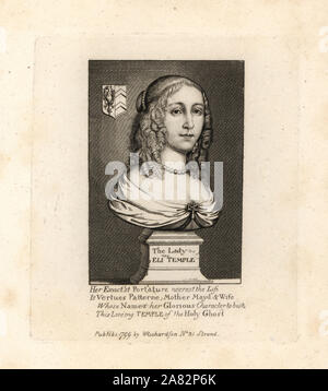 Lady Elinor o Eleanor tempio, moglie di Sir Peter tempio, busto con stemma, 1658. Incisione su rame dopo un ritratto di Richard Gaywood da William Richardson ritratti che illustra Granger biografico della storia dell'Inghilterra, London, 1792-1812. James Granger (1723-1776) era un ecclesiastico inglese, biografo e collezionista di stampa. Foto Stock