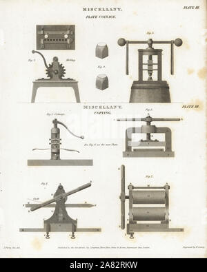 Piastra di apparecchiature di conio e macchine di copiatura. Incisione su rame da Wilson Lowry dopo un disegno di J. Farey da Abramo Rees' dell'enciclopedia o dizionario universale delle arti, scienze e letteratura, Longman, Hurst, Rees, Orme e marrone, Londra, 1820. Foto Stock