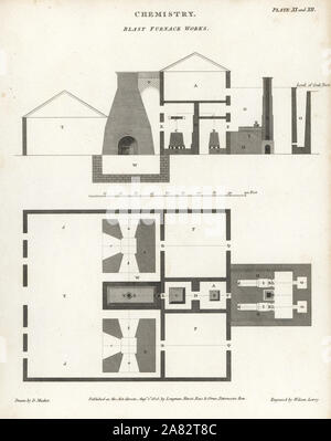 Piano, vista in elevazione e in sezione di un altoforno opere, all'inizio del XIX secolo. Incisione su rame da Wilson Lowry dopo un disegno da David Mushet da Abramo Rees' dell'enciclopedia o dizionario universale delle arti, scienze e letteratura, Longman, Hurst, Rees, Orme e marrone, Londra, 1805. Foto Stock
