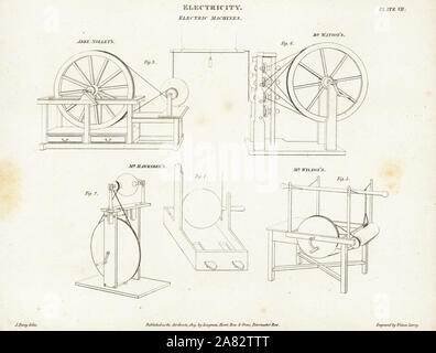 Macchine elettriche da Abbe Jean-Antoine Nollet, Dottor William Watson, Francis Hauksbee e Benjamin Wilson. Incisione su rame da Wilson Lowry dopo un disegno di John Farey da Abramo Rees' dell'enciclopedia o dizionario universale delle arti, scienze e letteratura, Longman, Hurst, Rees, Orme e marrone, Londra, 1809. Foto Stock