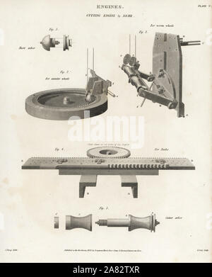 Motore di taglio dal geniale meccanico e orologiaio Samuel Rehe di Londra del XVIII secolo. Incisione su rame da Wilson Lowry dopo un disegno di John Farey da Abramo Rees' dell'enciclopedia o dizionario universale delle arti, scienze e letteratura, Longman, Hurst, Rees, Orme e marrone, Londra, 1817. Foto Stock