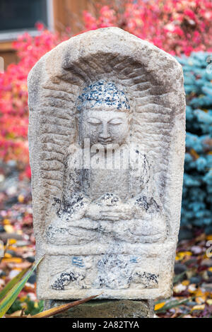 In pietra scolpita statua del Buddha in Lotus posano con i colori dell'autunno in background Foto Stock