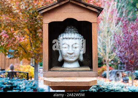 Buddha testa di pietra nel display di legno in un autunno giardino con alberi di acero Foto Stock