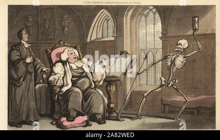 Lo scheletro di morte arriva per il Vescovo in abbazia, come lui legge la Bibbia su un leggio e riposa il gottoso piede su un cuscino. Copperplate Handcolored disegnato e inciso da Thomas Rowlandson dall'inglese Danza della morte, Ackermann, Londra, 1816. Foto Stock