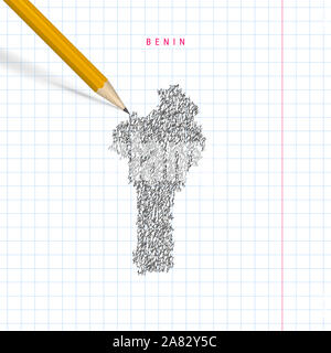 Benin schizzo scribble mappa tracciata sulla scuola a scacchi notebook lo sfondo della carta. Disegnata a mano mappa del Benin. 3D realistiche matita. Foto Stock