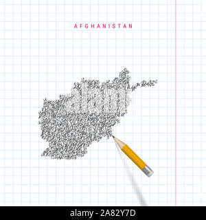 Afghanistan schizzo scribble mappa tracciata sulla scuola a scacchi notebook lo sfondo della carta. Disegnata a mano mappa dell'Afghanistan. 3D realistiche Matita con gomma. Foto Stock