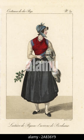 Milkmaid di Pessac, Bordeaux, Francia, del xix secolo. Essa contiene due grandi secchi del latte e una tazza, indossa un controllo bandana, fichu, grembiule e petticoat. Handcolored incisione su rame di Georges Jacques Gatine dopo una illustrazione di Louis Marie Lante da costumi di vari paesi, costumi de Divers Pays, Parigi, 1827. Foto Stock