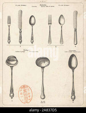 Coltelli e forchette e cucchiai. Litografia da un catalogo di prodotti metallici fabbricati da Wuerttemberg Metalware Fabbrica, Geislingen, Germania, 1896. Foto Stock