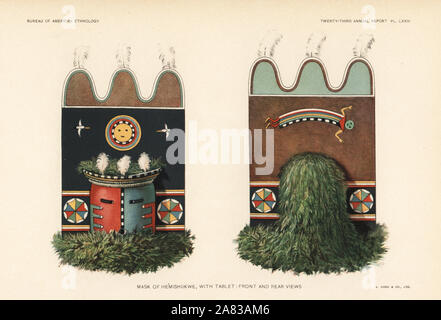 Maschera del egli'mishiikwe con la compressa, Zuni Nazione. Chromolithograph da agosto Hoen da John Wesley Powell la XXIII relazione annuale del Bureau of American etnologia, Washington, 1904. Foto Stock