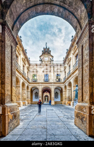 Vista con la cornice di un cortile, Università di Siviglia (ex Real Fabbrica di Tabacco), Siviglia, Spagna Foto Stock