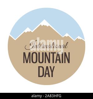 Etichetta dell'icona con la natura di un paesaggio con le montagne con cime innevate. Biglietto di auguri. Le creste delle montagne in stile geometrico. Design piatto. Giornata di montagna. Illustrazione Vettoriale