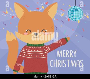 Merry Christmas celebration carino fox indossa un maglione palla da discoteca e coriandoli illustrazione vettoriale Illustrazione Vettoriale