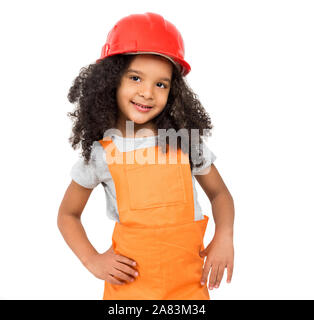 Bambina in arancione repairmen isolato uniforme Foto Stock