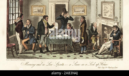 Regency colleghi rinchiusi in Radford's Hotel, Carey Street, per mancato pagamento di una fattura a lungo l'Hotel. Mattina e in basso gli spiriti. Una scena in un dispositivo di lock-up house. Copperplate Handcolored disegnato e inciso da Robert Cruikshank dall'inglese Spy, Londra, 1825. Scritto da Bernard Blackmantle, uno pseudonimo di Charles Molloy Westmacott. Foto Stock