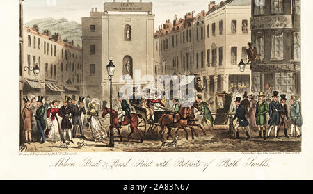 Regency signori e signore promenading in carrelli, allenatori e di Sedan sedie in bagno. Milsom Street e Bond Street con ritratti di Bath si gonfia. Copperplate Handcolored disegnato e inciso da Robert Cruikshank dall'inglese Spy, Londra, 1825. Scritto da Bernard Blackmantle, uno pseudonimo di Charles Molloy Westmacott. Foto Stock