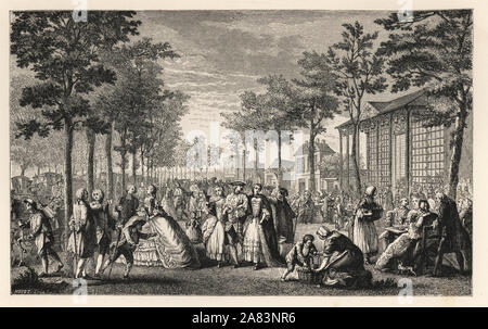 Società di moda promenading sui bastioni di Parigi. Litografia dopo Augustin de Saint Aubin da Paul Lacroix' del XVIII secolo: le sue istituzioni, le usanze e i costumi, Londra, 1876. Foto Stock