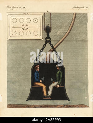 Campana subacquea con due subacquei a bordo, circa 1820. Una versione migliorata di Edmond Halley campana subacquea, questo ermeticamente sigillati camera di immersione è stata alimentata da aria attraverso un tubo di rame dalla superficie. Handcolored incisione su rame da Friedrich Johann Bertuch's Bilderbuch fur Kinder (Picture Book per bambini), Weimar, 1823. Foto Stock