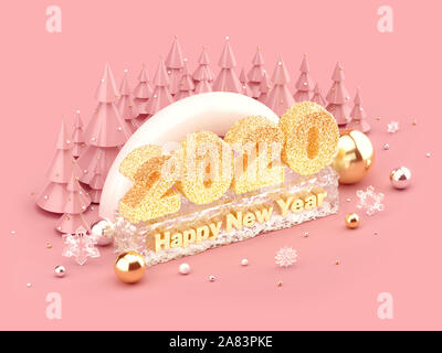 Felice Anno Nuovo 2020 illustrazione isometrica con golden spumanti luminosi scritte, Felice Anno Nuovo auguri e alberi di Natale intorno a. Il rendering 3d. Foto Stock
