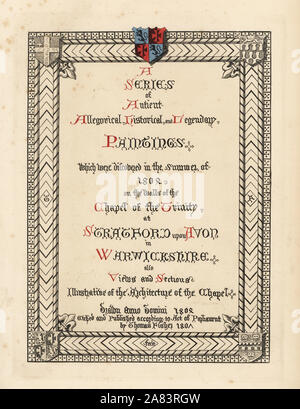 Titolo calligrafico lettura una serie di allegorico Antient storica e leggendaria dipinti che furono scoperte nell'estate del 1802 sulle pareti della Cappella della Trinità a Stratford upon Avon nel Warwickshire. Handcolored incisione da Thomas Fisher dipinti sulle pareti della Cappella della Trinità, Stratford upon Avon, 1808. Foto Stock