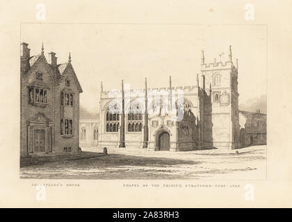 Vista la cappella della Trinità accanto a Shakespeare's House di Stratford Upon Avon. L'attacco di Thomas Fisher dai suoi dipinti sulle pareti della Cappella della Trinità, Stratford upon Avon, 1808. Foto Stock