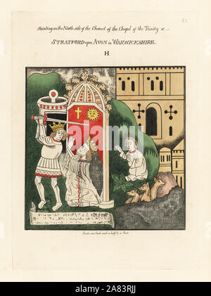 L'imperatore bizantino Eraclio decapitating sassanide re persiano Khosrau II. Attacco Handcolored disegnato e inciso da Thomas Fisher di suoi dipinti sulle pareti della Cappella della Trinità, Stratford upon Avon, 1808. Foto Stock