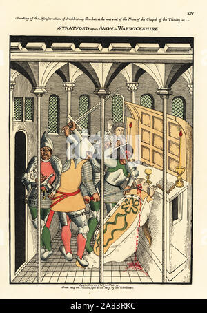 L assassinio di San Thomas a Becket a Canterbury dai cavalieri William de Tracy Reginaldo Fitzurse, Hugh Morville e Richard Brito. Attacco Handcolored disegnato e inciso da Thomas Fisher di suoi dipinti sulle pareti della Cappella della Trinità, Stratford upon Avon, 1808. Foto Stock