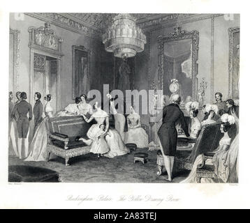 Intimo della famiglia reale soiree nel giallo Drawing Room, Buckingham Palace. La regina Vittoria e il Principe Alberto in un momento di relax a casa. Incisione in acciaio da Henry Melville dopo una illustrazione da MacManus da Londra interni, i loro costumi e cerimonie, Joshua Mead, Londra, 1841. Foto Stock