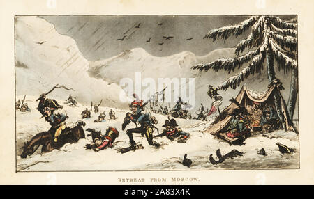 Napoleone Bonaparte e l'esercito francese nevicato in su la ritirata da Mosca, 1812. Handcolored incisione su rame di George Cruikshank dalla vita di Napoleone un poema Hudibrastic dal medico sintassi, T. Tegg, Londra, 1815. Foto Stock