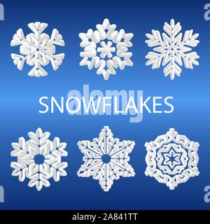 Vettore 3d l'icona del fiocco di neve raccolta isolata sul gradiente dello sfondo blu. Nuovo anno e Natale elemento di design. Illustrazione Vettoriale