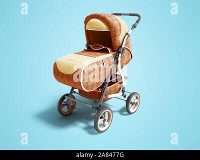 Pelle marrone passeggino con panno bambino isolato 3D render su sfondo blu con ombra Foto Stock