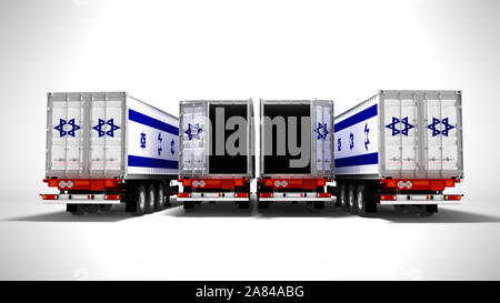 Concetto di importare merci da Israele per aprire i rimorchi ribaltabili 3D render su uno sfondo grigio con ombra Foto Stock