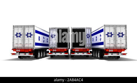 Concetto di importare merci da Israele per aprire i rimorchi ribaltabili 3D render su sfondo bianco con ombra Foto Stock