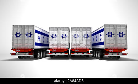 Concetto di importare merci da Israele per rimorchi ribaltabili 3D render su uno sfondo grigio con ombra Foto Stock