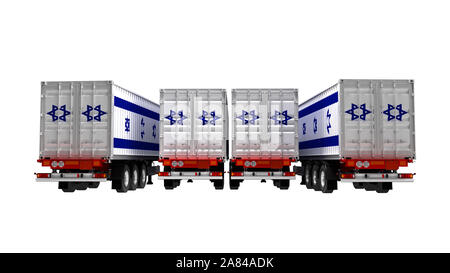 Concetto di importare merci da Israele per rimorchi ribaltabili 3D render su sfondo bianco senza ombra Foto Stock