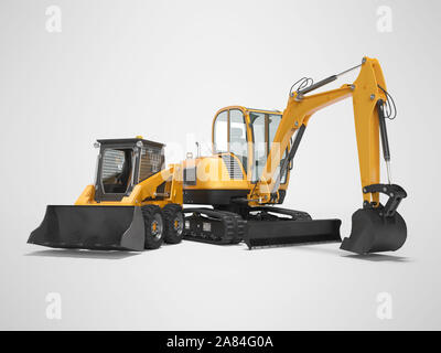 Orange Escavatore a cingoli Mini e mini caricatore isolato 3D render su uno sfondo grigio con ombra Foto Stock