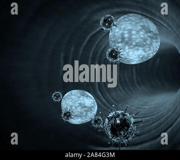 Sistema immunitario umano l'attacco di virus, virus, cellule bianche del sangue all'interno del vaso sanguigno, globuli rossi e bianchi in arteria Foto Stock