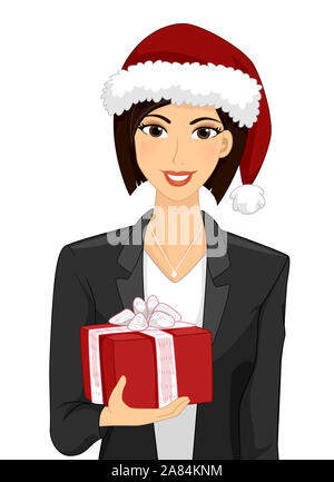 Illustrazione di un ufficio Ragazza con cappello a Natale e tenendo un dono Foto Stock