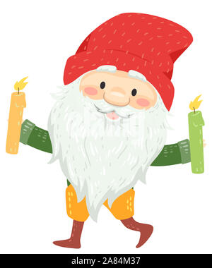 Illustrazione di un islandese Yule Lad con una lunga barba bianca e Baffuto Red cofano e portando candele accese ha rubato Foto Stock