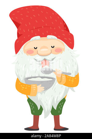 Illustrazione di un islandese Yule Lad con una lunga barba bianca e Baffuto cofano rosso leccare Skyr Off un cucchiaio e tenendo una ciotola piena di essa Foto Stock