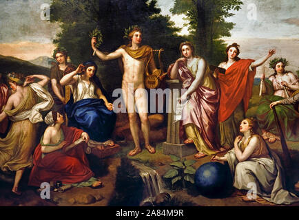 Parnaso 1761 da Mengs Anton Raphael 1727-1779, Italia, italiano. ( La composizione generale è ispirata da Raffaello affresco del 'Parnas' nella Stanza della Segnatura in Vaticano nel palazzo di Roma. Nel centro è Apollo Mousagetes, il dio del sole, protettore delle arti e il leader dei Muse, con i suoi attributi di una lira, una corona sul capo e una corona di alloro nella sua mano. Seduto alla sua destra è Mnemosyne, la madre delle muse e la dea della memoria, nonché Clio, la musa della Storia, Thalia, la musa della commedia e la danza Erato e Terpsichore. Alla sua sinistra è Calliope Foto Stock