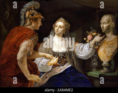 Cleopatra che mostra ad Ottaviano il busto di Giulio Cesare, pittura a olio di Pompeo Batoni che raffigura la regina egizia che indica un busto di marmo scolpito di Cesare davanti al leader romano, arte barocca italiana Cleopatra davanti ad Ottaviano 1782 di Benedetta Batoni nata nel 1747 dopo Pompeo Batoni, italiano, Italia, Foto Stock