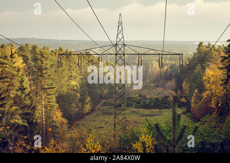 Alta tensione e linee elettriche ad alta tensione tralicci il trasporto di energia elettrica in una corsia attraverso una bellissima foresta autunnale nella luce della sera. Visto Foto Stock