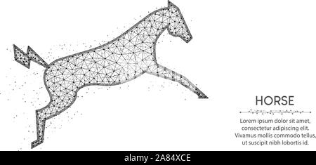 Potente cavallo elettrico in un salto bassa poli design, animale geometrica astratta arte, zoo wireframe poligonale mesh illustrazione vettoriale realizzata da punti di un Illustrazione Vettoriale