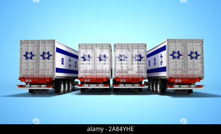 Concetto di importare merci da Israele per rimorchi ribaltabili 3D render su sfondo blu con ombra Foto Stock
