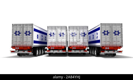 Concetto di importare merci da Israele per rimorchi ribaltabili 3D render su sfondo bianco con ombra Foto Stock