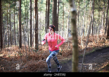 Donna in corsa su sentiero nel bosco in autunno Foto Stock