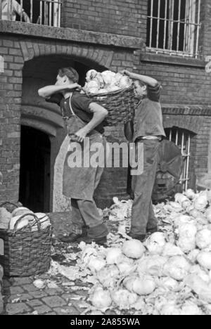 Zwei Insassen tragen einen Korb Kohl Justizvollzugsanstalt Herford Deutschland 1950. Due prigionieri stanno portando un cesto di cavolo, correttivi facility Herford Germania 1950. Foto Stock