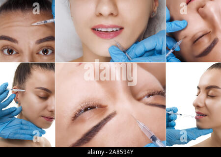 Bella donna ottiene una iniezione nel suo viso. Collage di ringiovanimento iniezioni facciali la procedura di serraggio e levigatura le rughe sul viso. Foto Stock